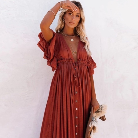 Red Gauze Boho Button Maxi Coverup Dress - Picture 8 of 10